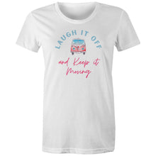 Load image into Gallery viewer, Lighten up and stay eco-conscious with our women's organic t-shirt featuring the message 'Laugh it off and keep it moving.' Made from 100% organic cotton, this premium sustainable tee combines eco-friendly comfort with a positive message. Perfect for the environmentally aware fashionista!