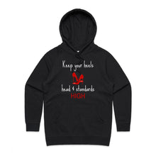 Load image into Gallery viewer, Elevate your style with our chic women's hoodie featuring the empowering slogan 'Keep your heels, head, and standards high.' This premium women's hoodie from our casual street style collection blends fashion and comfort, perfect for adding a touch of urban flair to your wardrobe.