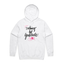 Load image into Gallery viewer, Stay stylish and comfortable in our fashionable oversized women's hoodie featuring the message 'Nothing but Gratitude.' This modern, relaxed fit hoodie is perfect for casual wear, blending cosy comfort with chic style. A must-have for those who love trendy, oversized hoodies.