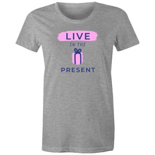 Load image into Gallery viewer, Elevate your style with our women's message t-shirt featuring the empowering slogan 'Live in the Present.' This inspirational tee combines comfort with motivation, offering positive vibes and an uplifting quote. Shop now for fashionable and motivational t-shirts that inspire!
