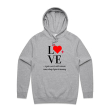 Load image into Gallery viewer, Discover our women's relaxed fit hoodie with a heartwarming "Love" message, perfect for those seeking fashionable oversized hoodies. This modern hoodie combines comfort and style, offering a cosy yet chic look for any casual occasion. Stay trendy in this must-have relaxed fit design.