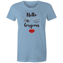 Load image into Gallery viewer, Step into iconic retro style with our 'Hello Gorgeous' women's graphic t-shirt. This retro-inspired tee adds a chic, playful touch to any wardrobe. Perfect for those who love bold, stylish graphic t-shirts with a timeless flair.