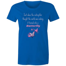 Load image into Gallery viewer, Embrace transformation with our 'Just When the Caterpillar Thought the World Was Ending, It Turned Into a Butterfly' tee. This empowering quote t-shirt is more than just clothing; it's a symbol of transformation and renewal. Discover our collection of motivational and positive message t-shirts today.