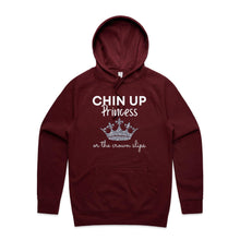 Load image into Gallery viewer, Discover our relaxed fit hoodie with the empowering slogan 'Chin Up Princess, or the Crown Slips.' Perfect for those who love fashionable oversized hoodies, this hoodie blends comfort with style. Elevate your streetwear with this must-have hoodie designed for confidence.