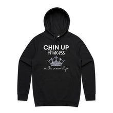 Load image into Gallery viewer, Discover our relaxed fit hoodie with the empowering slogan 'Chin Up Princess, or the Crown Slips.' Perfect for those who love fashionable oversized hoodies, this hoodie blends comfort with style. Elevate your streetwear with this must-have hoodie designed for confidence.