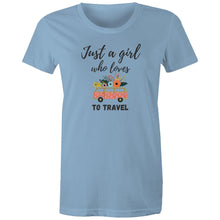Load image into Gallery viewer, Embrace your wanderlust with this retro-inspired 'Just a Girl Who Loves to Travel' graphic t-shirt, designed for adventurous souls. Whether you're jet-setting to a new destination or dreaming of your next journey, this iconic design adds a timeless touch to your wardrobe. A must-have women's tee for travel lovers!