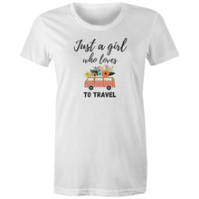 Load image into Gallery viewer, Travel in style with this 'Just a Girl Who Loves to Travel' t-shirt, made from 100% organic cotton. Eco-friendly and sustainable, this premium organic tee is perfect for those who care about the planet and fashion. Celebrate your love for travel with this inspiring and comfortable tee.