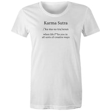 Load image into Gallery viewer, Showcase your wit with our women's 100% organic t-shirt featuring the message 'Karma Sutra - when life f**ks you in all sorts of creative ways.' Made from premium organic cotton, this eco-friendly, top-quality tee combines humour with sustainability for the best in organic clothing.