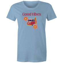Load image into Gallery viewer, Embrace iconic retro wear with our 'Good Vibes' graphic t-shirt. Perfect for women who love a throwback style, this retro clothing staple combines timeless design with modern comfort. Elevate your wardrobe with a must-have women’s tee that spreads positivity in every outfit.