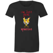Load image into Gallery viewer, Discover our women's 100% organic cotton t-shirt with the fun slogan 'I'm Just Here for the Mimosas.' Made from premium, eco-friendly materials, this sustainable tee offers comfort and style. Shop the best organic, sustainable fashion and feel good about your wardrobe choices!