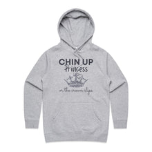 Load image into Gallery viewer, Explore our chic women's pocket hoodie featuring the slogan 'Chin Up Princess, or the Crown Slips.' Perfect for casual street style, this high-quality hoodie combines comfort with premium women's hoodie styles. Elevate your wardrobe with this must-have, empowering piece.