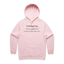 Load image into Gallery viewer, Discover our women's regular fit hoodie with the witty message 'Multitasking - Screwing Up Several Things at Once.' Perfect for casual street style, this chic, fashion-forward piece from our premium women's hoodie collection adds humour and high-quality comfort to your wardrobe.