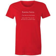 Load image into Gallery viewer, Get ready to turn heads with our 'Karma Sutra - when life f**s you in all sorts of creative ways!' t-shirt. Perfect for those who love funny message shirts, this witty and humorous catchphrase tee is a must-have for fans of quirky quotes. Wear your humour in style!