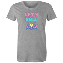 Load image into Gallery viewer, Step back in time with our women's retro t-shirt emblazoned with the iconic slogan 'Let's Roll.' Perfect for fans of throwback fashion, this 80's inspired tee features a retro graphic design, making it a standout addition to any collection of the best retro t-shirts.
