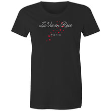 Load image into Gallery viewer, Embrace positivity with our women's 100% organic t-shirt featuring the message 'La Vie en Rose.' This eco-friendly, top-quality tee is made from organic cotton, offering a premium, sustainable choice for the environmentally conscious. Perfect for those who value style and sustainability.
