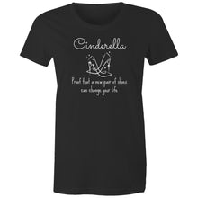 Load image into Gallery viewer, Step into your own Cinderella story with our eco-friendly organic cotton tee. Featuring the inspiring message 'Cinderella - proof that a new pair of shoes can change your life,' this sustainable t-shirt blends fairytale magic with premium natural fibres. Embrace transformation with our environmentally conscious apparel!