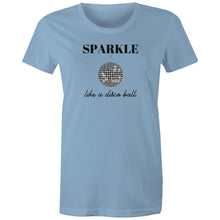 Load image into Gallery viewer, Shine bright with our women's retro t-shirt featuring the iconic slogan 'Sparkle Like a Disco Ball.' Perfect for throwback fashion lovers, this retro-inspired graphic tee is a must-have in your wardrobe. Shop the best retro t-shirts for a timeless, iconic look that never goes out of style!