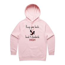 Load image into Gallery viewer, Elevate your style with our chic women's hoodie featuring the empowering slogan 'Keep your heels, head, and standards high.' This premium women's hoodie from our casual street style collection blends fashion and comfort, perfect for adding a touch of urban flair to your wardrobe.