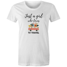 Load image into Gallery viewer, Embrace your wanderlust with this retro-inspired 'Just a Girl Who Loves to Travel' graphic t-shirt, designed for adventurous souls. Whether you're jet-setting to a new destination or dreaming of your next journey, this iconic design adds a timeless touch to your wardrobe. A must-have women's tee for travel lovers!