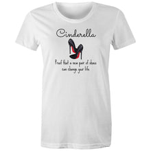 Load image into Gallery viewer, Step into your own Cinderella story with our eco-friendly organic cotton tee. Featuring the inspiring message 'Cinderella - proof that a new pair of shoes can change your life,' this sustainable t-shirt blends fairytale magic with premium natural fibres. Embrace transformation with our environmentally conscious apparel!