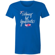 Load image into Gallery viewer, Discover our women's t-shirt featuring the empowering quote "Nothing But Gratitude." This inspirational message tee offers motivational and positive vibes, making it a perfect addition to your collection of uplifting slogan apparel. Spread positivity and embrace good vibes with this must-have piece.