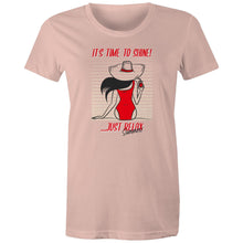 Load image into Gallery viewer, Shine bright in our women's t-shirt featuring the slogan 'Time to Shine - Relax Summertime.' This retro-inspired tee showcases an iconic graphic perfect for adding a nostalgic touch to your wardrobe. Embrace the classic vibe with this must-have piece.