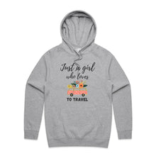 Load image into Gallery viewer, Embrace the travel vibe with our 'Just a Girl Who Loves to Travel' hoodie. This cosy hoodie offers a relaxed fit, blending comfort with streetwear chic. Perfect for wanderers, this fashionable hoodie captures the essence of adventure, making it a staple for any traveler's wardrobe.