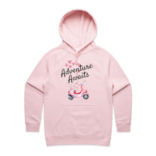 Load image into Gallery viewer, Step into your next adventure with confidence and style in our 'Adventure Awaits' women's pocket hoodie. Designed specifically for the adventurous woman, this hoodie combines the best of both worlds: a soft, cosy fabric that keeps you warm and comfortable on your travels, and spacious pockets for carrying essentials.
