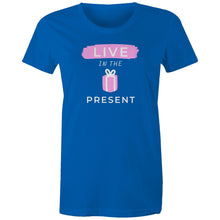 Load image into Gallery viewer, Elevate your style with our women's message t-shirt featuring the empowering slogan 'Live in the Present.' This inspirational tee combines comfort with motivation, offering positive vibes and an uplifting quote. Shop now for fashionable and motivational t-shirts that inspire!