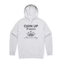 Load image into Gallery viewer, Discover our relaxed fit hoodie with the empowering slogan 'Chin Up Princess, or the Crown Slips.' Perfect for those who love fashionable oversized hoodies, this hoodie blends comfort with style. Elevate your streetwear with this must-have hoodie designed for confidence.
