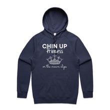 Load image into Gallery viewer, Discover our relaxed fit hoodie with the empowering slogan 'Chin Up Princess, or the Crown Slips.' Perfect for those who love fashionable oversized hoodies, this hoodie blends comfort with style. Elevate your streetwear with this must-have hoodie designed for confidence.