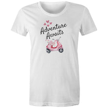 Load image into Gallery viewer, Embark on life's adventures in style with our 'Adventure Awaits' organic t-shirt. Made from 100% organic cotton, it's soft, eco-friendly, and durable. Perfect for explorers at heart, this shirt combines comfort with a love for adventure. Wear it and let every day bring a new journey.