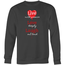 Load image into Gallery viewer, Embrace comfort and style with our women's relaxed fit sweatshirt featuring the uplifting message 'Live, Love, Laugh.' This modern, oversized sweatshirt combines a fashionable look with a cosy feel, perfect for those who love comfortable, trendy, and relaxed fit designs.