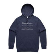 Load image into Gallery viewer, Stay effortlessly stylish with our women's relaxed fit hoodie featuring the bold message 'Karma Sutra - when life f**ks you in all sorts of creative ways.' This fashionable oversized hoodie offers a modern, laid-back vibe perfect for those who love trendy, relaxed fits and bold statements.