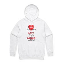 Load image into Gallery viewer, Stay cosy and stylish with our women's relaxed fit hoodie featuring the uplifting 'Live, Love, Laugh' message. This fashionable oversized hoodie offers a modern, casual look, perfect for everyday wear. Embrace comfort and style in our trendy women's hoodies.