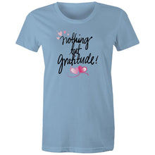 Load image into Gallery viewer, Discover our women's t-shirt featuring the empowering quote "Nothing But Gratitude." This inspirational message tee offers motivational and positive vibes, making it a perfect addition to your collection of uplifting slogan apparel. Spread positivity and embrace good vibes with this must-have piece.