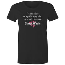 Load image into Gallery viewer, Make a bold statement with our women's 100% organic T-shirt featuring the message 'You are either on my side, by my side, or in my f**king way—choose wisely!' Crafted from premium organic cotton, this eco-friendly tee combines top-quality, sustainable fashion with a fearless sense of humour.