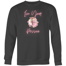 Load image into Gallery viewer, Stay stylish and comfortable with our women's relaxed fit sweatshirt, featuring the empowering slogan "Live Your Passion." This modern, oversized design offers the perfect blend of fashion and comfort. Ideal for casual days, this trendy sweatshirt is a must-have for your wardrobe.