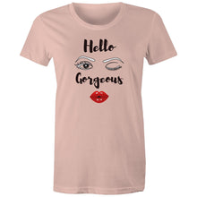 Load image into Gallery viewer, Step into iconic retro style with our 'Hello Gorgeous' women's graphic t-shirt. This retro-inspired tee adds a chic, playful touch to any wardrobe. Perfect for those who love bold, stylish graphic t-shirts with a timeless flair.