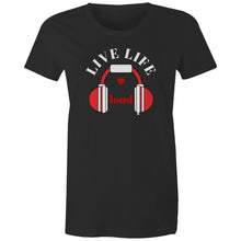 Load image into Gallery viewer, Shop our women's message t-shirt featuring the uplifting slogan 'Live Life Loud.' This affirmation t-shirt combines style and positivity with its empowering quote and motivational design. Embrace positive vibes and spread an inspirational message wherever you go. Perfect for those who want to express themselves with flair!