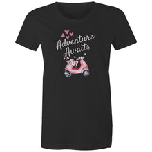 Load image into Gallery viewer, Embrace style and positivity with our 'Adventure Awaits' t-shirt. Featuring an inspirational message of empowerment and exploration, this comfortable and versatile tee is perfect for those ready to take on life's journeys. Spread a positive message wherever you go with this must-have addition to your wardrobe.