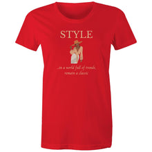 Load image into Gallery viewer, Stand out with our women's t-shirt featuring the message: 'In a World Full of Trends, Remain a Classic.' This empowering quote shirt delivers an inspirational message for timeless style. Perfect for those who value positive quotes and uplifting slogans, our women's empowerment tees inspire confidence and individuality.