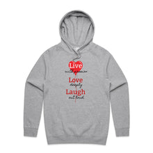 Load image into Gallery viewer, Stay cosy and stylish with our women's relaxed fit hoodie featuring the uplifting 'Live, Love, Laugh' message. This fashionable oversized hoodie offers a modern, casual look, perfect for everyday wear. Embrace comfort and style in our trendy women's hoodies.