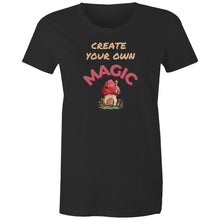 Load image into Gallery viewer, Embrace eco-friendly fashion with our women's organic cotton t-shirt featuring the empowering message 'Create Your Own Magic.' This premium sustainable tee offers style and comfort, perfect for those who value quality and the environment. Elevate your wardrobe with this must-have inspirational piece.