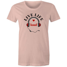 Load image into Gallery viewer, Shop our women's message t-shirt featuring the uplifting slogan 'Live Life Loud.' This affirmation t-shirt combines style and positivity with its empowering quote and motivational design. Embrace positive vibes and spread an inspirational message wherever you go. Perfect for those who want to express themselves with flair!