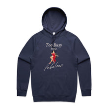 Load image into Gallery viewer, Stay cosy and stylish with our women's relaxed fit hoodie featuring the slogan 'Too Busy Being Fabulous.' This modern, oversized hoodie offers a perfect blend of fashion and comfort, ideal for those who love trendy, relaxed fit women's hoodies with a chic vibe.