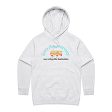 Load image into Gallery viewer, Explore our 'Love the Journey' hoodie, a stylish addition to your casual streetwear collection. Part of our high-quality premium women's hoodies, this chic regular-fit design offers comfort and urban flair. Perfect for any adventure, it's a must-have in fashionable women's hoodies.