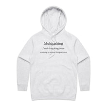 Load image into Gallery viewer, Discover our women's regular fit hoodie with the witty message 'Multitasking - Screwing Up Several Things at Once.' Perfect for casual street style, this chic, fashion-forward piece from our premium women's hoodie collection adds humour and high-quality comfort to your wardrobe.