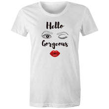 Load image into Gallery viewer, Step into iconic retro style with our 'Hello Gorgeous' women's graphic t-shirt. This retro-inspired tee adds a chic, playful touch to any wardrobe. Perfect for those who love bold, stylish graphic t-shirts with a timeless flair.