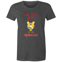 Load image into Gallery viewer, Get the party started with our women's t-shirt featuring the witty slogan 'I'm Just Here for the Mimosas.' This LOL-worthy, funny message tee is perfect for brunch lovers! Shop now for a quirky catchphrase shirt that adds humour and fun to your wardrobe.